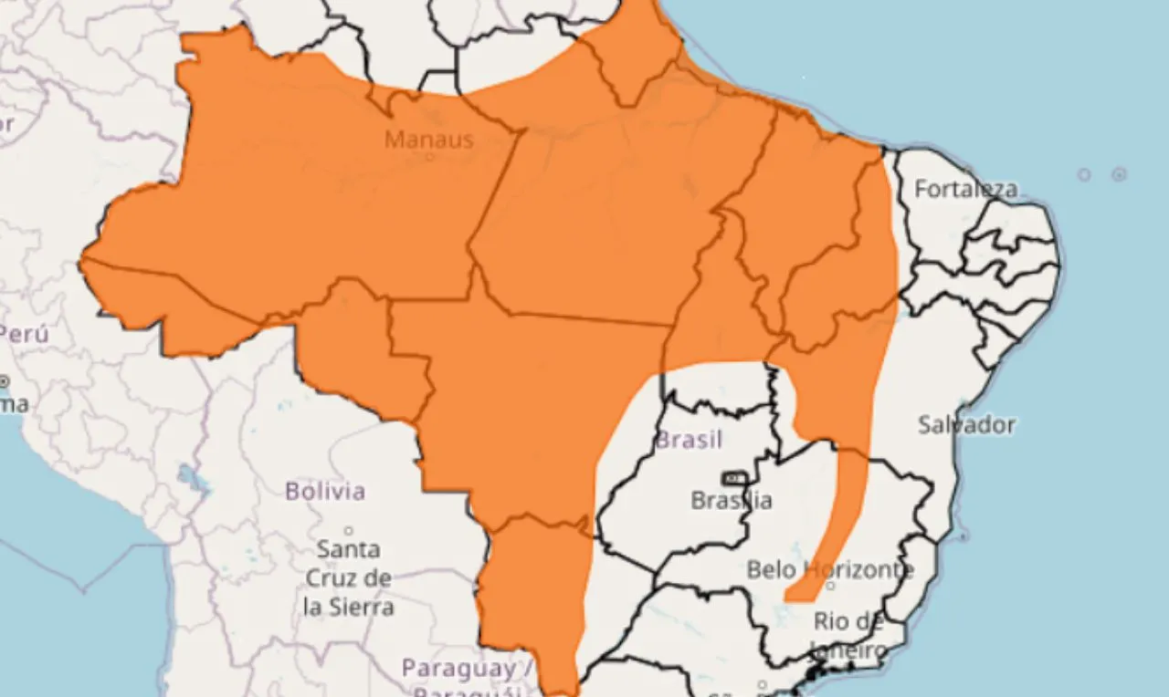 O mapa mostra as &aacute;reas em alerta para chuva intensa